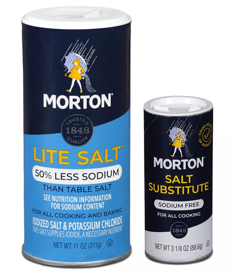 can of Morton Less Sodium salt and Morton Salt Substitute