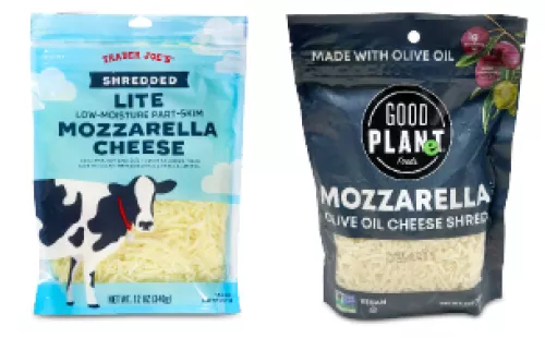 bag of Trader Joe’s Lite Shredded Mozzarella and bag of Good Planet Mozzarella