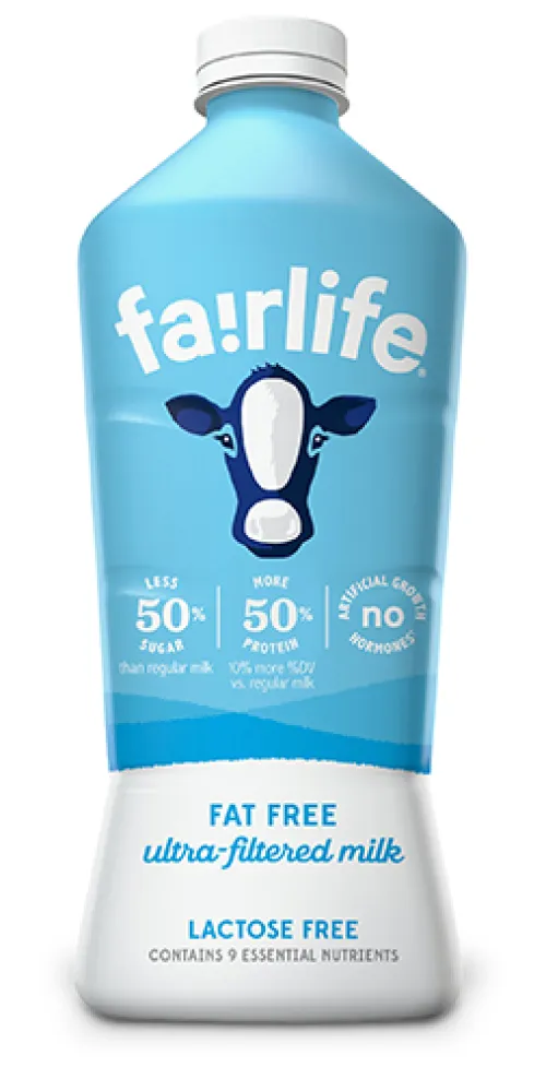 bottle of Fairlife lactose free fat free ultra-filtered milk