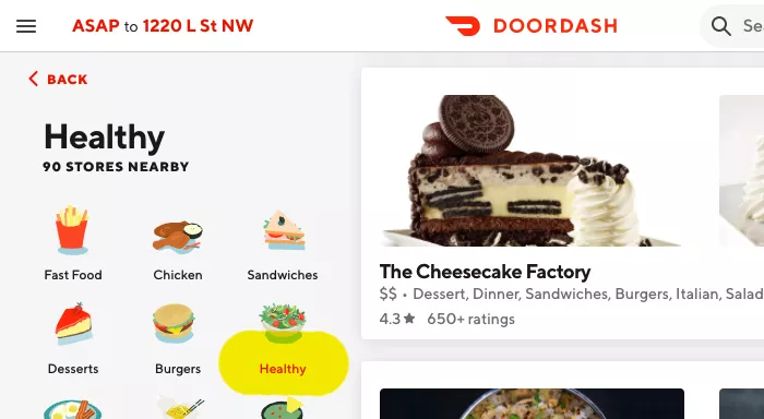 screen capture of door dash app showing "healthy" options section