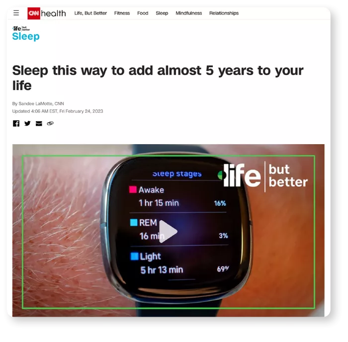 Screen shot of CNN headline that says "Sleep this way to add almost 5 years to your life"