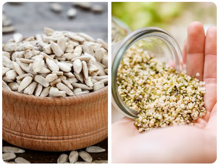 left: wooden bowl filled with sunflower seeds. right: person pouring hemp seeds into hand