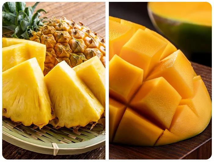 left: pineapple slices on a plate. right: half a mango sliced into cubes.