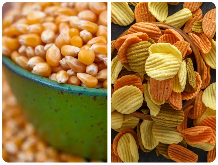 left: overflowing green bowl of popcorn kernels. right: 