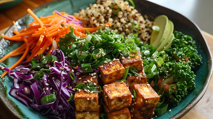bowl filled with carrots, cabbage, grains, tofu and more.