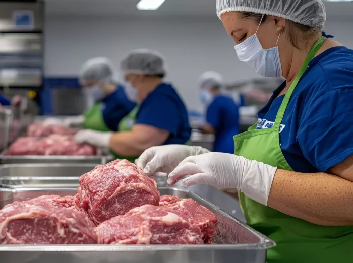 workers in meat processing facility wearing protective gear handling raw meat