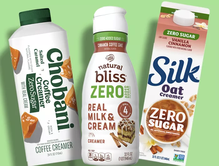 bottles of Chobani zero sugar coffee creamer, Natural Bliss Zero coffee Cake creamer and Silk Zero Sugar oat creamer.