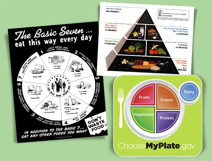 graphics of the basic seven, food pyramid and my plate