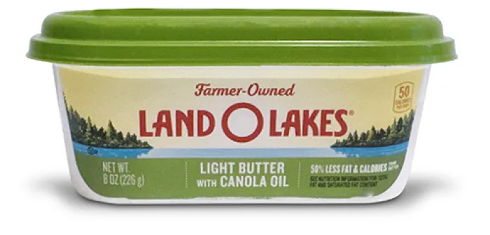 Tub of Lan O Lakes light butter with canola oil