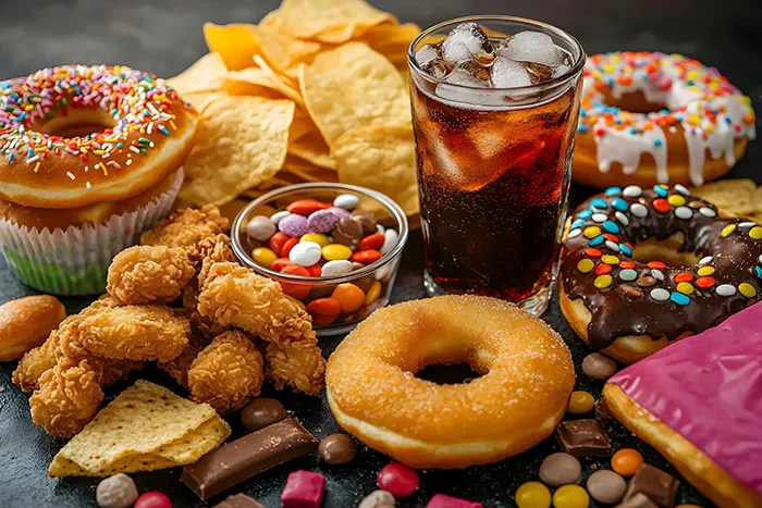 lots of different high calorie, ultra processed foods on a table