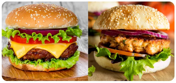 left: normal cheese burger with tomato and lettuce. right: salmon burger with lettuce and red onion.