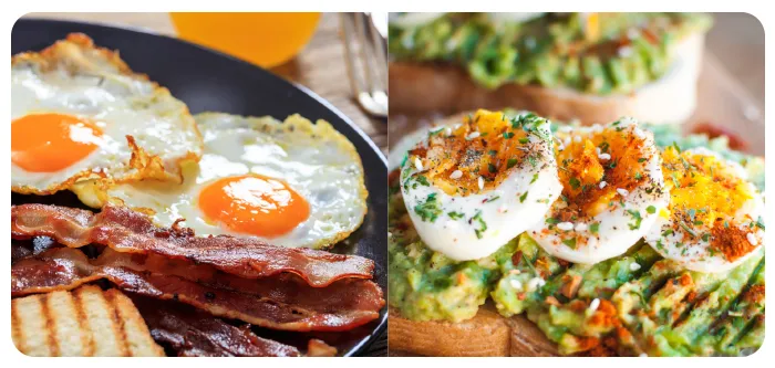 left: plate of fried eggs and bacon. right: avocado toast with hard boiled egg halves with seasoning.