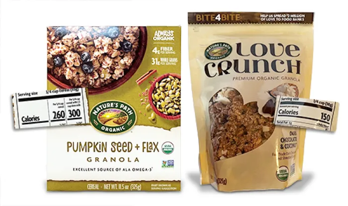 Box of natures path pumpkin seed + Flax granola (left) with close up of cals per serving. Bag of Natures Path Love crunch granola (right) with zoom in on cals per serving.
