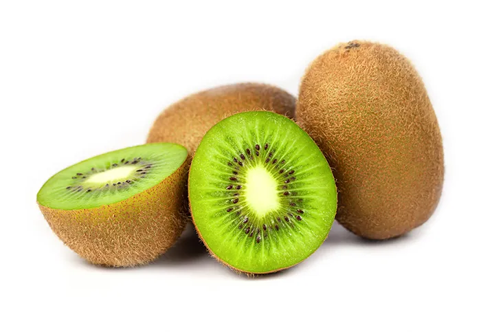 3 kiwi fruits, one is cut in half