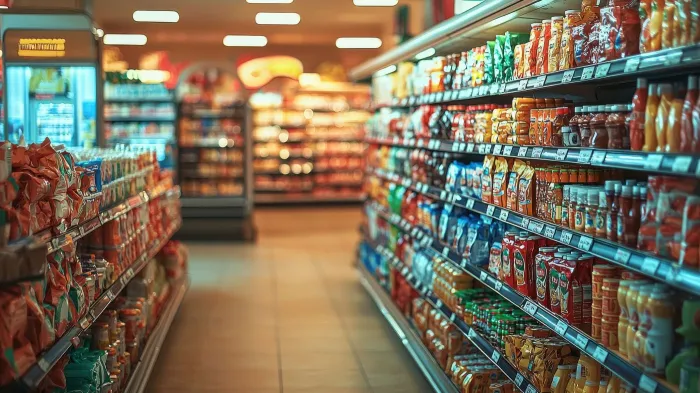 Snack and beverage aisle at a grocery store
