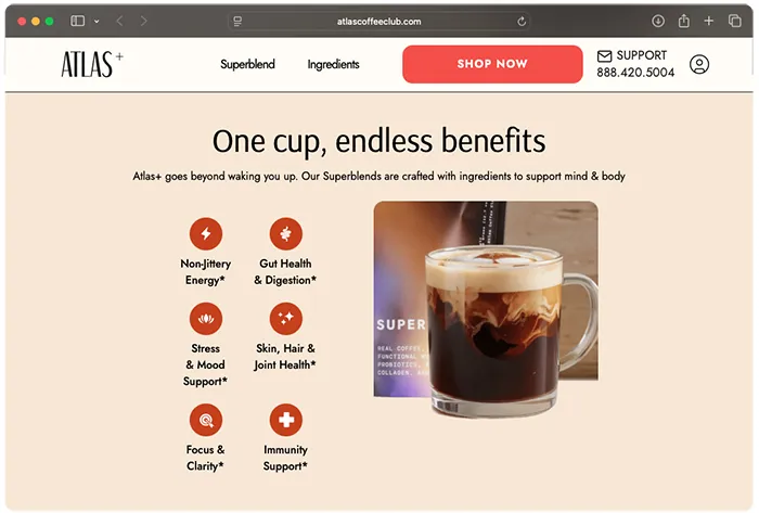 screen shot of Atlas mushroom coffee web page of benefits of product