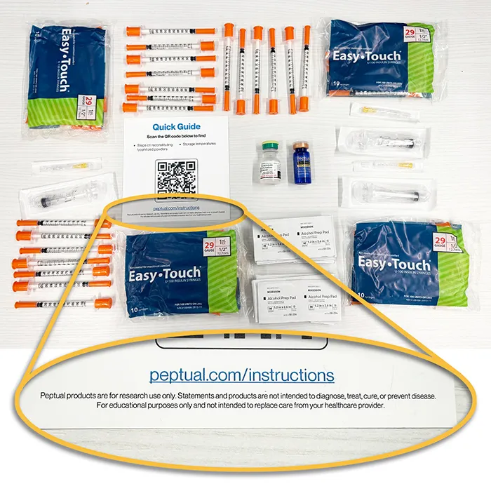 flat lay of peptides, syringes, disinfecting wipes and a leaflet that says these products are for research use only