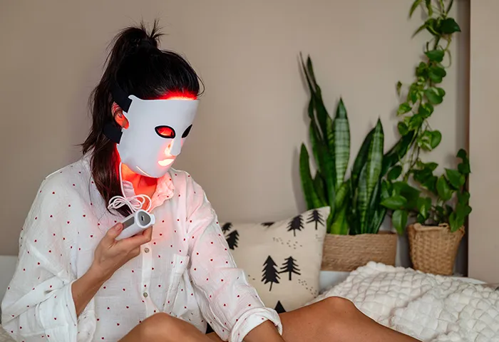 woman sitting at home wearing a red light therapy mask