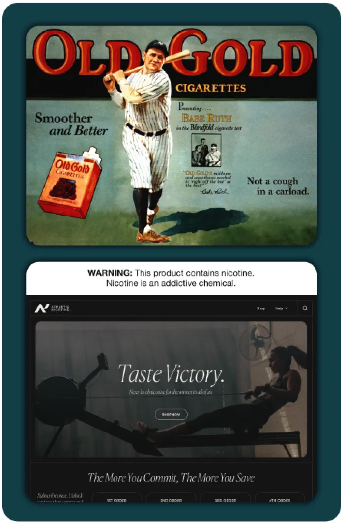 old Old Good cigarettes ad (top), screenshot of Athlete Nicotine website (bottmom)