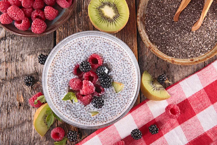 bowl of Chia pudding topped with berries