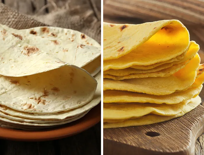 stack of flour tortillas (left) and stack of corn tortillas (right)