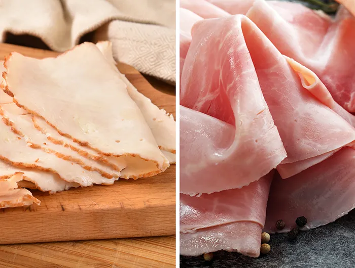 slices of turkey cold cuts (left) and slices of deli ham (right)