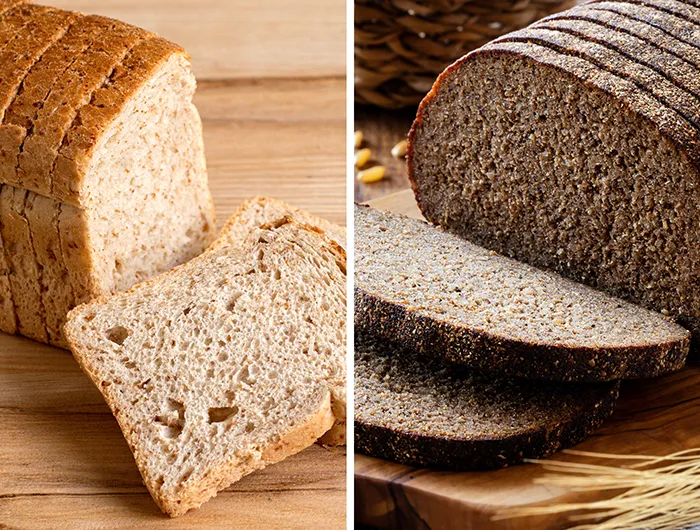 slices of whole wheat bread (left) and slices of rye bread (right)