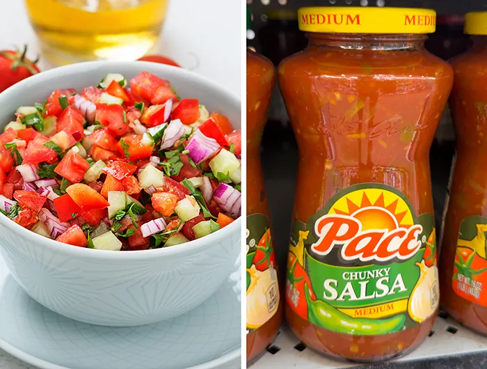 white bowl of chopped tomatos and onions (left) and jar of Pact chunky salsa (right)