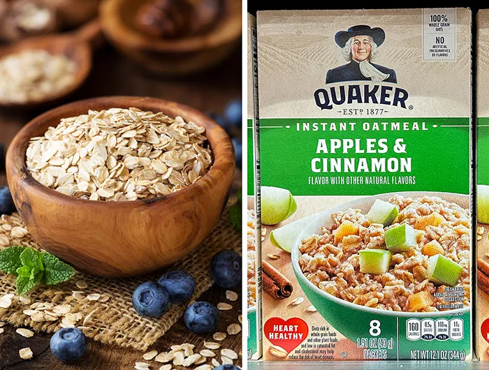 wooden bowl with rolled oats (left) and box of Quaker apples & cinnamon instant oats