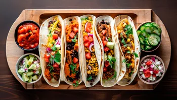 platter of 5 tacos with side dips