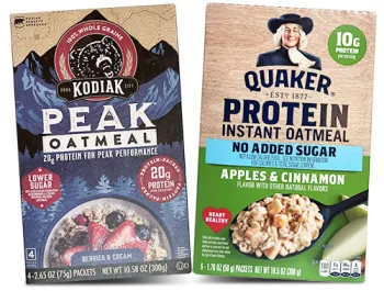 Box of Kodiak peak protein oatmeal and Quaker protein instant no added sugar oatmeal