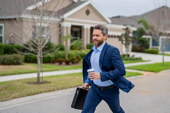 man running in work clothes and holding his coffee and briefcase 