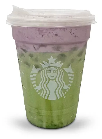cup of Starbucks matcha with lavender cold foam on top