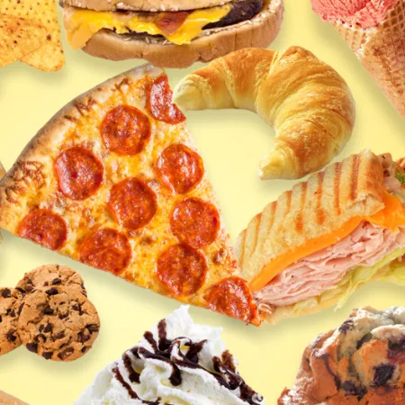 collage of junk food, including pizza, cookies, chips, and ice cream