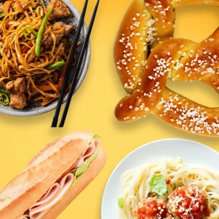 pasta, pretzel, sub, and spaghetti with meatballs