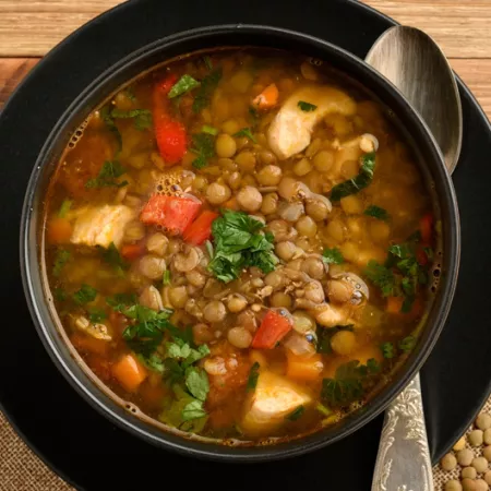 bowl of lentil chicken soup