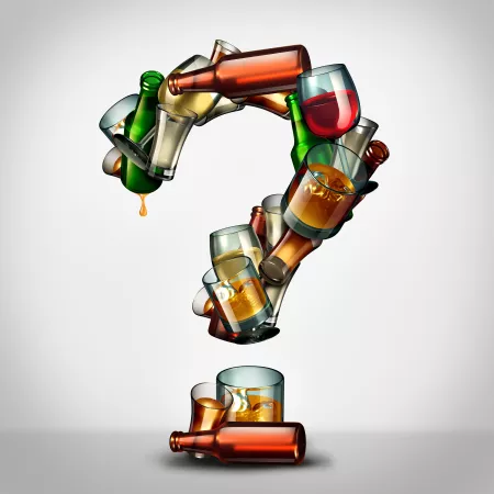 Graphic rendering of a question mark composed of liquor bottles and alcoholic drinks.
