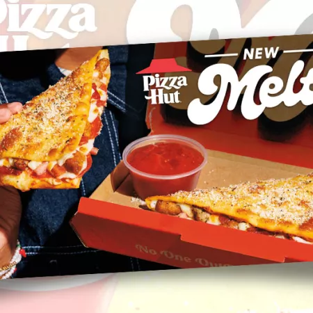 Pizza Hut Pizza melts ad with a box, 2 pizza melts and dipping sauce