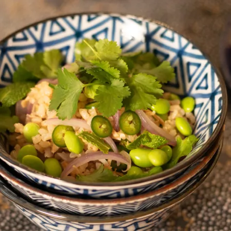 Bowl of thai style fried rice on wood background