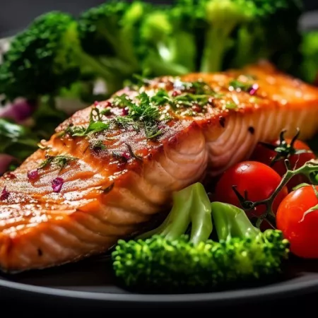 plate of cooked salmon and vegetables