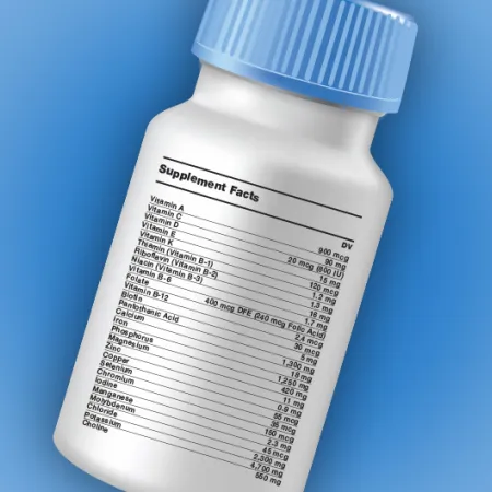 pill bottle with DVs and RDAs listed for vitamins