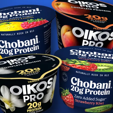 collage of oikos pro and chobani protein yogurt cups