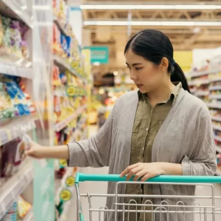Asian woman shopping from the shelf to the shopping cart in supermarket