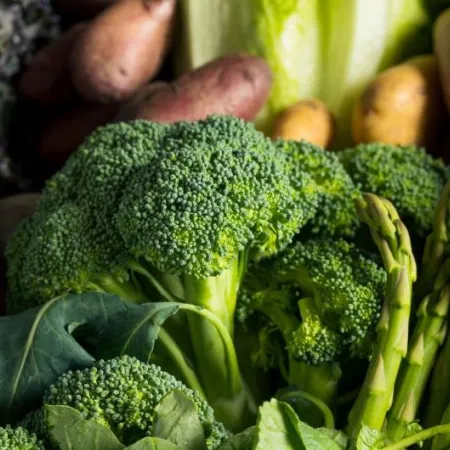 Seasonal produce - a closeup of broccoli and asparagus in the foreground, with potatoes, cabbage, collard greens and kale in the background.