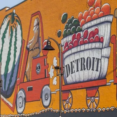 Detroit, USA - June 18, 2016: One of the exterior wall of Eastern Market in Detroit, USA. Eastern Market is an historic commercial district in Detroit, Michigan