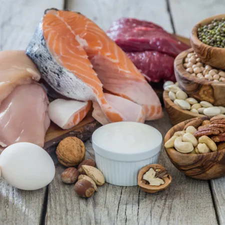 an assortment of plant-based and animal-based protein foods