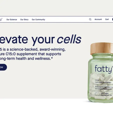 screenshot of fatty15 website with green supplement bottle