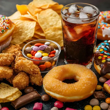 lots of different high calorie, ultra processed foods on a table