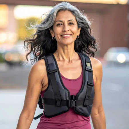 a middle aged woman walking wearing a weighted vest