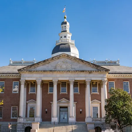 View of the Maryland State House on a warm, sunny day 